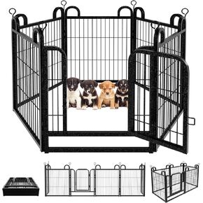 Puppy Playpen 6 Panels Small Dog Fence Outdoor Indoor Use 24" Height Anti-Rust with Doors Portable Dog Play Pen for RV Camping Yard, Total 11FT, 10 Sq.ft, Snowy Black
