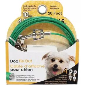 Rocky Mountain Goods Dog Tie Out Cable - Steel Tether Wire Dog Cable for Small Dogs up to 10 Pounds - 4 Swivel Points to Reduce Tangling - Strong Vinyl Coated - Easy Open Rotating Clips (20 Foot)