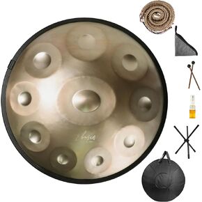 Ebusin Handpan Drum, 22-Inch D Minor 10-Note 440Hz Steel Drums(Gold) with Handpan Drum Bag, 2 Handpan Drum Test Mallets, Hand Drum Stand, Hand Drum Maintenance Oil and Hand Drum Wiping Cloth.