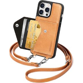Genuine Leather Crossbody Wallet Case Compatible with iPhone 15 Pro Max 6.7in,Flip Cell Phone Cases for Women Men,Shockproof Protective Flip Cover with Credit Card Holder Purse Brown