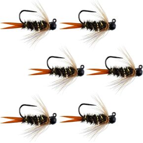 The Fly Fishing Place Black Tungsten Bead Prince Jig Tactical Czech Nymph Euro Nymphing Fly - 6 Flies Size 16