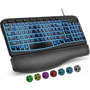 مفاتيح موجة مريحة للوحة المفاتيح مع مسند معصم مبطن، لوحات مفاتيح كمبيوتر سلكية بإضاءة خلفية USB، إضاءة خلفية بـ 7 ألوان سطوع قابل للتعديل، كتابة صامتة مريحة لأنظمة تشغيل متعددة، Windows/Mac in Kuwait