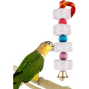 Bird Beak Grinding Stone with Bell Lava Block Calcium Supplement Food Parrot Chewing Toy for African Greys Parakeets Cockatiels Hamster Chinchilla Beak Trimming Mineral Chew for Bird Cage
