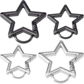 OIIKI 4 PCS Star Shaped Keychain Clip Carabiner, Zinc Alloy Star Carabiner Clip, Carabiner Keychain Clip, 2 Sizes Cute Carabiner for Keys, Wallet, Hiking, Fishing - Black, Sliver - 1.3 in, 1.61 in