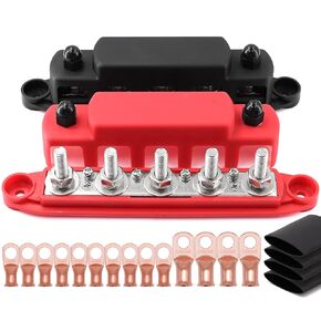 300A 12V-48V Bus Bar 5/16" Power Distribution Block 5 Studs Junction Block with Lugs Terminal Connectors with Heat Shrink Tube (M8(5/16"))