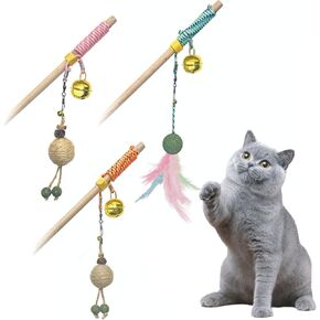 Natural Handmade cat Wand Toy (Big Bells—Colorful Threads) 3 Sets Interactive cat Toy and Catnip Replacement Heads. Ultimate Fun Stick for Cats
