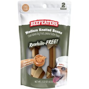 Beefeaters Dog Treats - Med Knotted Bone 4" PB Flavor 2ct, Case of 12 | Rawhide Free Dog Food | Real Peanut Butter | No Artificial Flavors | Dental Cleaning | Training Treats for All Dog Sizes