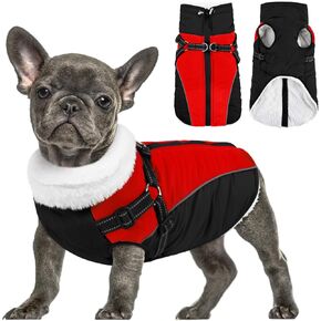 Queenmore Dog Coat, Extra Warm Winter Dog Jacket with Harness Bulid-in, Cold Weather Waterproof Dog Clothes for Large Medium Small Dogs, Fleece Lined Reflective Easy On Dog Snow Jacket,Red/Black S