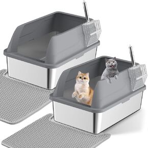 2 Pack Extra Large Stainless Steel Cat Litter Box with Lids Mats - Metal High Sided Litter Box for Kitten Big Cats - Hooded Large Jumbo Litter Pan Tray with High Wall Enclosure Cool Gray