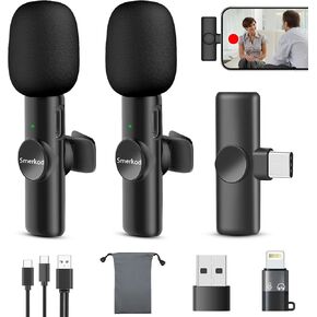 Smerkod Wireless Lavalier Microphone for iPhone, iPad, Android Phone, Computer - Professional Video Recording Lapel Lav Mic, 2 Mini Clip on Microphone for YouTube Interview Vlog Livestream & Podcast