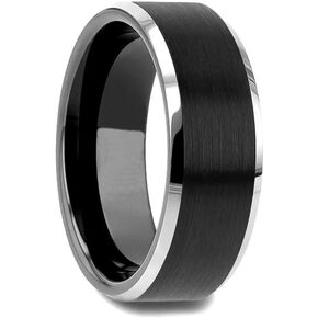 Men's Tungsten Ring Sterling Silver Wedding Band with 1/4-Carat Black Diamonds 8mm Size 8-12.5