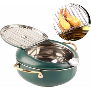 Alvinlite Deep Fryer Pot, Small Tempura Deep Fryer, Stainless Steel Japanese Frying Pot with Thermometer, Green Deep Fat Fryers for French Fries Shrimp 2.2 Liter Oil Capacity(S)