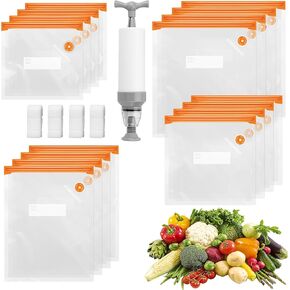 21 Pcs Reusable Sous Vide Bags Set, 4 Sizes Storage Bags Vacuum Sealed with Sealing Clips and Hand Vacuum Pump Filter Tip, Vacuum Seal Containers for Meat Vegetable Fruits Food Storage