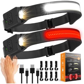 Headlamps Rechargeable for Adults 2 Pack, 230° Wide Beam Running LED Head Lamp with Red Light, Headlights for Head with Motion Sensor, Hard Hat Light Flashlight for Runners, Camping, Hiking, Fishing