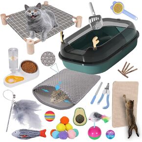 Kitten Litter Box Starter Kit for Indoor Kittens, Including Cat Bowl, Litter Box, Hammock Bed, Brush, Nail Clipper, Scratch Pad, Cat Interactive Toys, and More Cat Essentials for All Life Stages