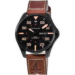 Hamilton Watch Khaki Aviation Pilot Day Date Auto | Swiss Made | 46mm Stainless Steel Case | Black Dial Analog Watch | Brown Leather Strap (Model: H64705531)