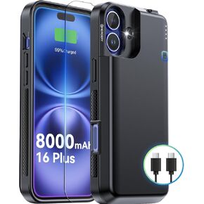 NEWDERY Upgraded Battery Case for iPhone 16 Plus, 8000mAh USB C Portable Power Bank, CarPlay, Sync-Data Supported, Rechargeable Charger Case Compatible with iPhone 16 Plus 6.7", Black