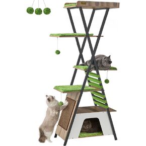 FourFurPets Large Cat Tree, 72.44" Tall Wood Cat Tower for Indoor Cats Large Adult, Modern Cat Tree Tower with Caves, Multi-Level Cat Condo with Cat Scratching Board and Removable Pads, Rustic Brown