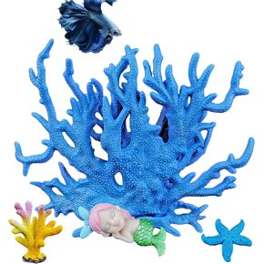 Aquarium Fish Tank Decorations Kit, Artificial Coral+Starfish+Mermaid+Plastic Coral, Betta Fish Tank Decor Ornament Landscape for Fresh