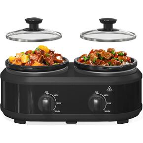 Double Slow Cooker Buffet Server and Warmers, Small Slow Cooker with 3 Individual Adjustable Temp, Dishwasher Safe Dual Ceramic Pots, Total 2.5 Quarts, Black