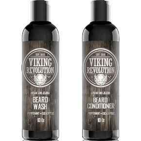 Viking Revolution Beard Wash & Beard Conditioner Set w/Argan & Jojoba Oils – Softens, Smooths & Strengthens Beard Growth - Natural Peppermint and Eucalyptus Scent - Beard Shampoo w/Beard Oil (10 oz) in Kuwait