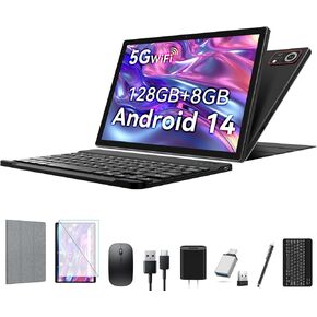 2024 Android Tablet, 10.1 inch Tablets with Octa-Core Processor 8(4+4)GB RAM 128GB ROM (Expand to 1TB), 2 in 1 Tablets with Keyboard, Pen, Bluetooth, Mouse, Case,Face ID, 5G WIFI Tablet PC,Dual Camera