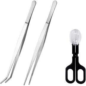 kathson Aquarium Tweezers Extra Long 15 inches, Reptile Feeding Tongs Stainless Steel Straight and Curved Tweezers Cricket Clamp Bug Scooper for Snake Lizard Gecko Spider Bearded Dragon (3 Pcs)