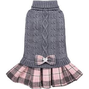 WOYYHO Plaid Dog Sweater for Small Dogs Stretchy Pullover Small Dog Sweater Comfy Turtleneck Dog Sweater Soft Knitwear Dog Sweater Dress with Bowtie (M, Gray)