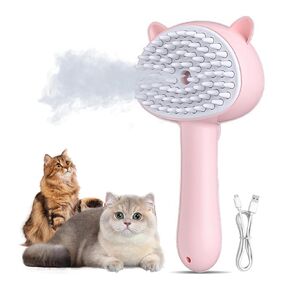 Pet Steam Spray Brush, 4-in-1 Steam Cat Brush with Handle, Rubber Pet Spray Brush, Rubber Pet Spray Brush with Release Button, Dog Comb with Longhair & Shorthair Cat & Dog Cleaner (Blue)