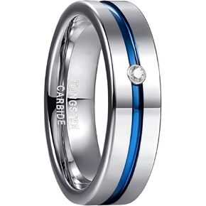 Phyonio 8mm Silver Tungsten Rings for Men Women Blue Thin Line Beveled Edge Wedding Band with Brushed Finish Size 6-14