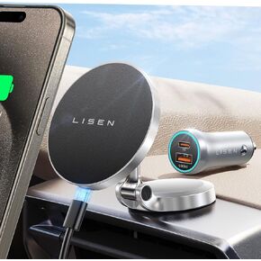 LISEN for Magsafe Car Mount Charger, [Upgrade Set] 360° Rotation Magnetic Wireless Car Charger with Car Charger, Foldable Car Phone Holder Dashboard fit iPhone 16 15 14 13 12 Pro Max Plus Mini