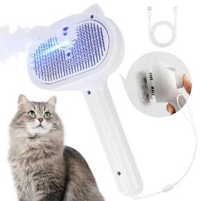 Cat Steam Brush, 4 In 1 Steamy Cat Hair Brush Self-Cleaning Cat Brush for Shedding Pet Hair Grooming Brush with Release Button, Water Tank and Spray for Cats Dogs (White)