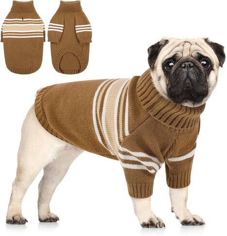Queenmore Dog Striped Knitted Sweater, Turtleneck Pullover Pet Coat, Dog Winter Clothes with Leash Hole for Small Medium &Large Dogs(Brown,S) in Kuwait