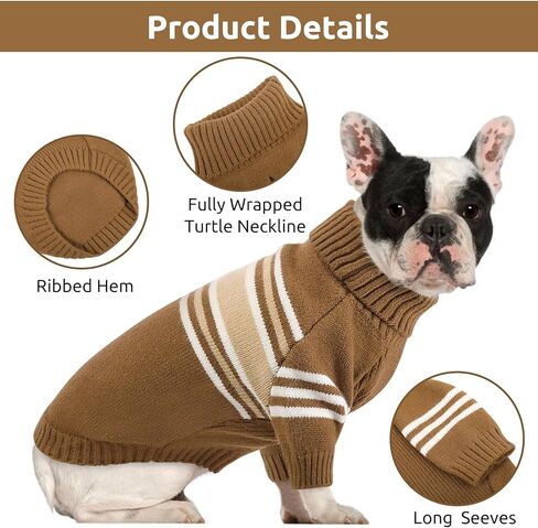 Queenmore Dog Striped Knitted Sweater, Turtleneck Pullover Pet Coat, Dog Winter Clothes with Leash Hole for Small Medium &Large Dogs(Brown,S) in Kuwait