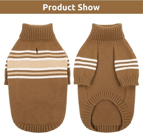 Queenmore Dog Striped Knitted Sweater, Turtleneck Pullover Pet Coat, Dog Winter Clothes with Leash Hole for Small Medium &Large Dogs(Brown,S) in Kuwait