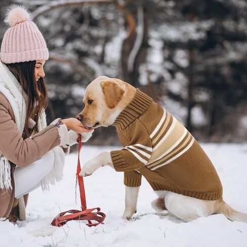 Queenmore Dog Striped Knitted Sweater, Turtleneck Pullover Pet Coat, Dog Winter Clothes with Leash Hole for Small Medium &Large Dogs(Brown,S) in Kuwait