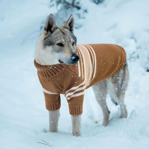 Queenmore Dog Striped Knitted Sweater, Turtleneck Pullover Pet Coat, Dog Winter Clothes with Leash Hole for Small Medium &Large Dogs(Brown,S) in Kuwait