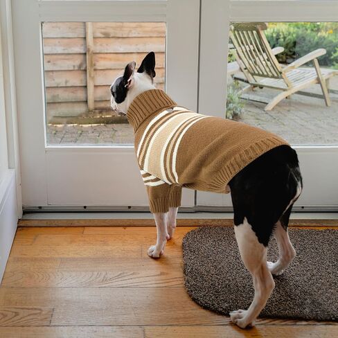 Queenmore Dog Striped Knitted Sweater, Turtleneck Pullover Pet Coat, Dog Winter Clothes with Leash Hole for Small Medium &Large Dogs(Brown,S) in Kuwait