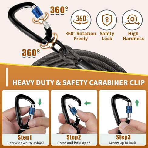 كابل مقود للكلاب شديد التحمل للفناء والتخييم، كابل مقود للكلاب مقاوم للصدأ مع مقبض حمل، لا يوجد حبل متشابك للكلاب المتوسطة والكبيرة التي يصل وزنها إلى 500 رطل، 30 قدمًا، أسود in Kuwait