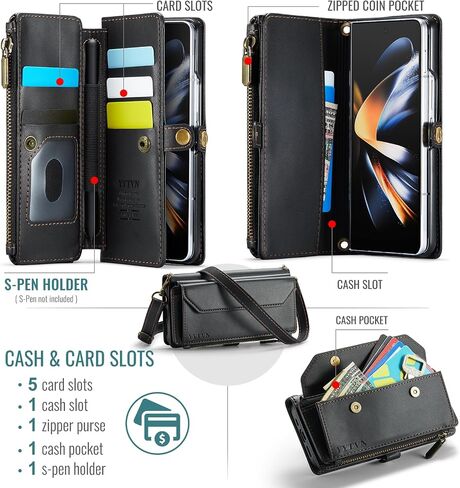 حافظة محفظة لهاتف Samsung Galaxy Z Fold 5 مع حامل بطاقات بسحاب وحزام حبل حول الجسم وحزام معصم، حافظة حقيبة يد مغناطيسية من جلد البولي يوريثان بحجب RFID لهاتف Galaxy Z Fold 5 - أسود in Kuwait