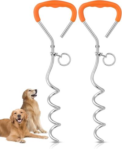 حزمة من قطعتين من Petbobi Dog Tie Out Stake، مرساة للكلاب شديدة التحمل مقاس 16 بوصة للتخييم في الفناء، فولاذ صلب 9 مم، مقبض حلزوني للكلب ذو مقبض ناعم برتقالي مع حلقة توصيل غير متشابكة للكلاب الصغيرة والكبيرة التي يصل وزنها إلى 120 رطلًا in Kuwait