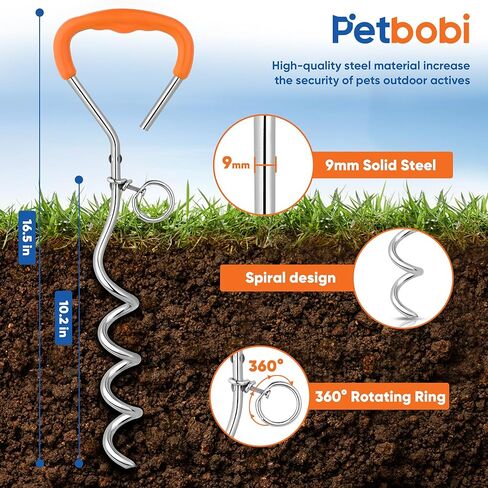 حزمة من قطعتين من Petbobi Dog Tie Out Stake، مرساة للكلاب شديدة التحمل مقاس 16 بوصة للتخييم في الفناء، فولاذ صلب 9 مم، مقبض حلزوني للكلب ذو مقبض ناعم برتقالي مع حلقة توصيل غير متشابكة للكلاب الصغيرة والكبيرة التي يصل وزنها إلى 120 رطلًا in Kuwait
