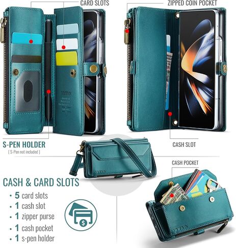 حافظة محفظة لهاتف Samsung Galaxy Z Fold 5 مع حامل بطاقات بسحاب وحزام حبل حول الجسم وحزام معصم، حافظة حقيبة يد مغناطيسية من جلد البولي يوريثان بحجب RFID لهاتف Galaxy Z Fold 5 - أسود in Kuwait