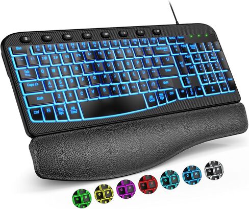 مفاتيح موجة مريحة للوحة المفاتيح مع مسند معصم مبطن، لوحات مفاتيح كمبيوتر سلكية بإضاءة خلفية USB، إضاءة خلفية بـ 7 ألوان سطوع قابل للتعديل، كتابة صامتة مريحة لأنظمة تشغيل متعددة، Windows/Mac in Kuwait