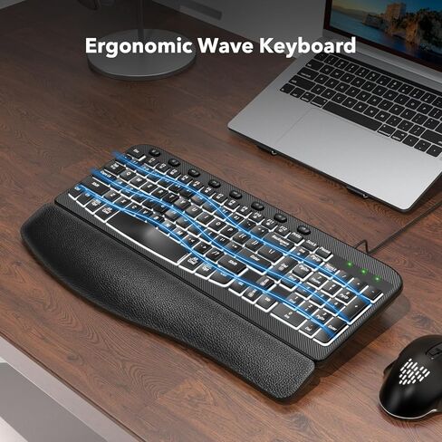 مفاتيح موجة مريحة للوحة المفاتيح مع مسند معصم مبطن، لوحات مفاتيح كمبيوتر سلكية بإضاءة خلفية USB، إضاءة خلفية بـ 7 ألوان سطوع قابل للتعديل، كتابة صامتة مريحة لأنظمة تشغيل متعددة، Windows/Mac in Kuwait