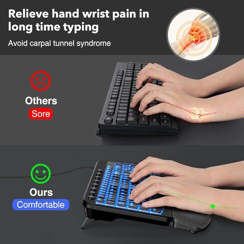 مفاتيح موجة مريحة للوحة المفاتيح مع مسند معصم مبطن، لوحات مفاتيح كمبيوتر سلكية بإضاءة خلفية USB، إضاءة خلفية بـ 7 ألوان سطوع قابل للتعديل، كتابة صامتة مريحة لأنظمة تشغيل متعددة، Windows/Mac in Kuwait