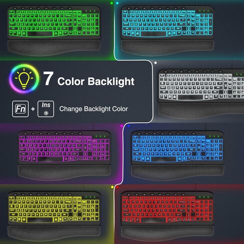 مفاتيح موجة مريحة للوحة المفاتيح مع مسند معصم مبطن، لوحات مفاتيح كمبيوتر سلكية بإضاءة خلفية USB، إضاءة خلفية بـ 7 ألوان سطوع قابل للتعديل، كتابة صامتة مريحة لأنظمة تشغيل متعددة، Windows/Mac in Kuwait