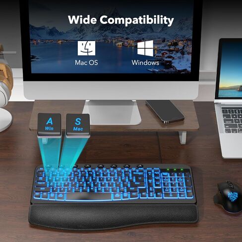 مفاتيح موجة مريحة للوحة المفاتيح مع مسند معصم مبطن، لوحات مفاتيح كمبيوتر سلكية بإضاءة خلفية USB، إضاءة خلفية بـ 7 ألوان سطوع قابل للتعديل، كتابة صامتة مريحة لأنظمة تشغيل متعددة، Windows/Mac in Kuwait