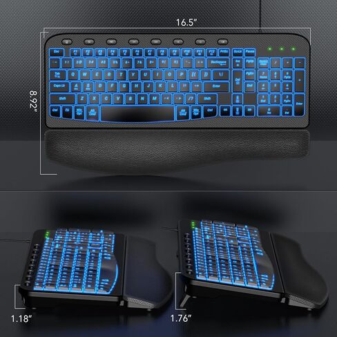 مفاتيح موجة مريحة للوحة المفاتيح مع مسند معصم مبطن، لوحات مفاتيح كمبيوتر سلكية بإضاءة خلفية USB، إضاءة خلفية بـ 7 ألوان سطوع قابل للتعديل، كتابة صامتة مريحة لأنظمة تشغيل متعددة، Windows/Mac in Kuwait