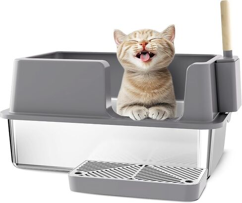 Sousia Stainless Steel Litter Box - Extra Large Steel Litter Box XL Non-Sticky Metal Litter Box Tray Anti-Leakage Easy Cleaning with Litter Scoop and High Wall Sides Enclosure for Big Cats in Saudi Arabia